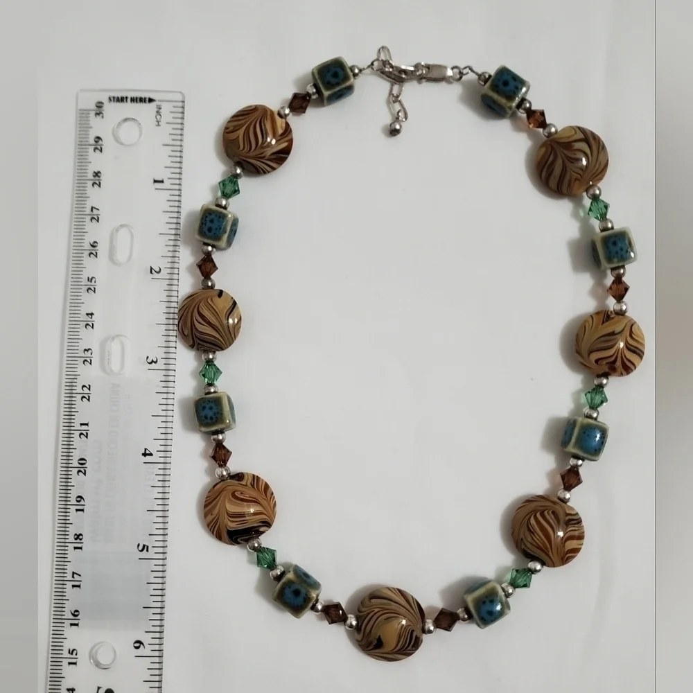 Vintage Orange Brown & Turquoise Color Art Glass & Sterling Silver Necklace